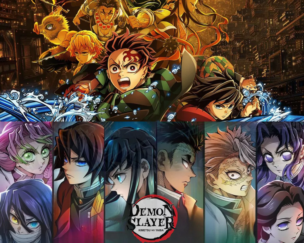 Tanjiro and the Hashira standing ready for battle in dramatic poses with their swords drawn