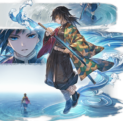 Giyu Tomioka with blank expression wearing haori with half red and half green diamond pattern