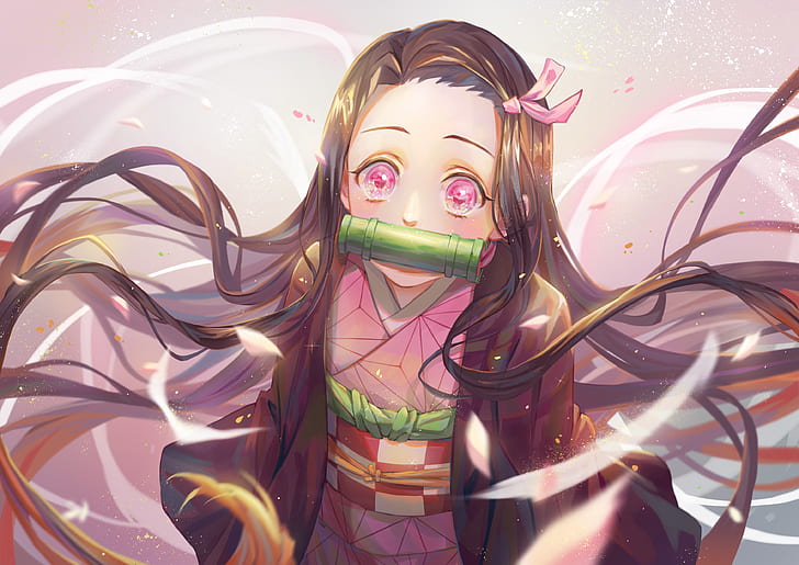 Nezuko in her demon form with bamboo muzzle and pink eyes, yet looking kind
