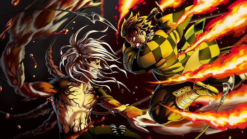 Epic battle scene between Tanjiro wielding his red blade against Muzan with intense glowing eyes