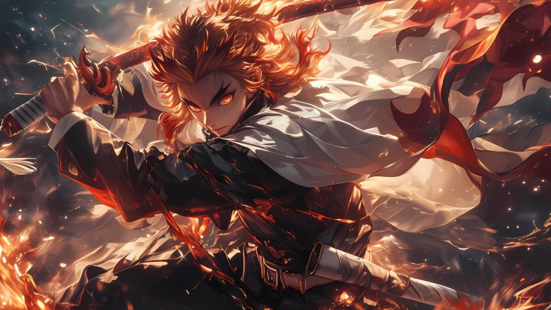 Kyojuro Rengoku smiling confidently with fiery eyes and yellow-red haori