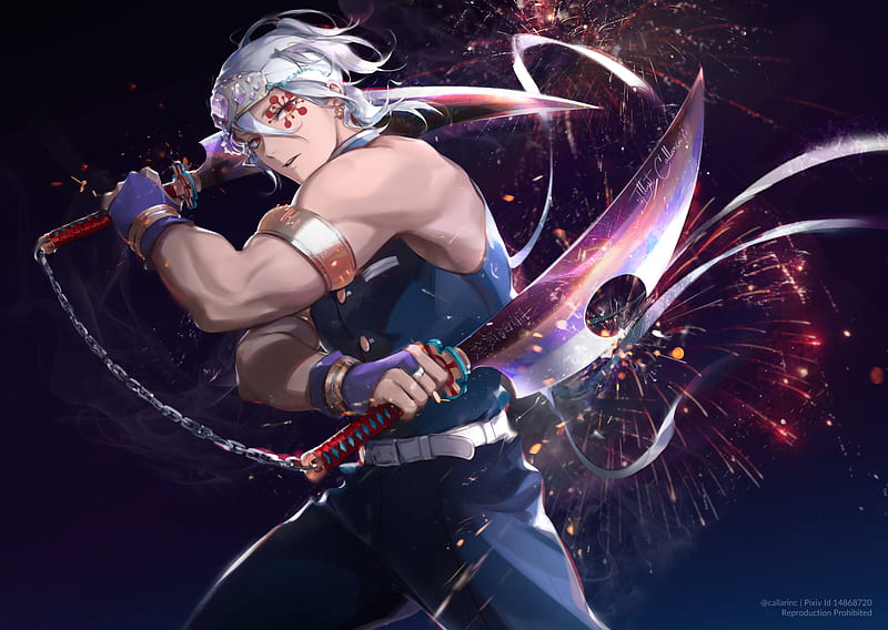 Tengen Uzui with his three wives, looking flamboyant with white hair and extravagant attire